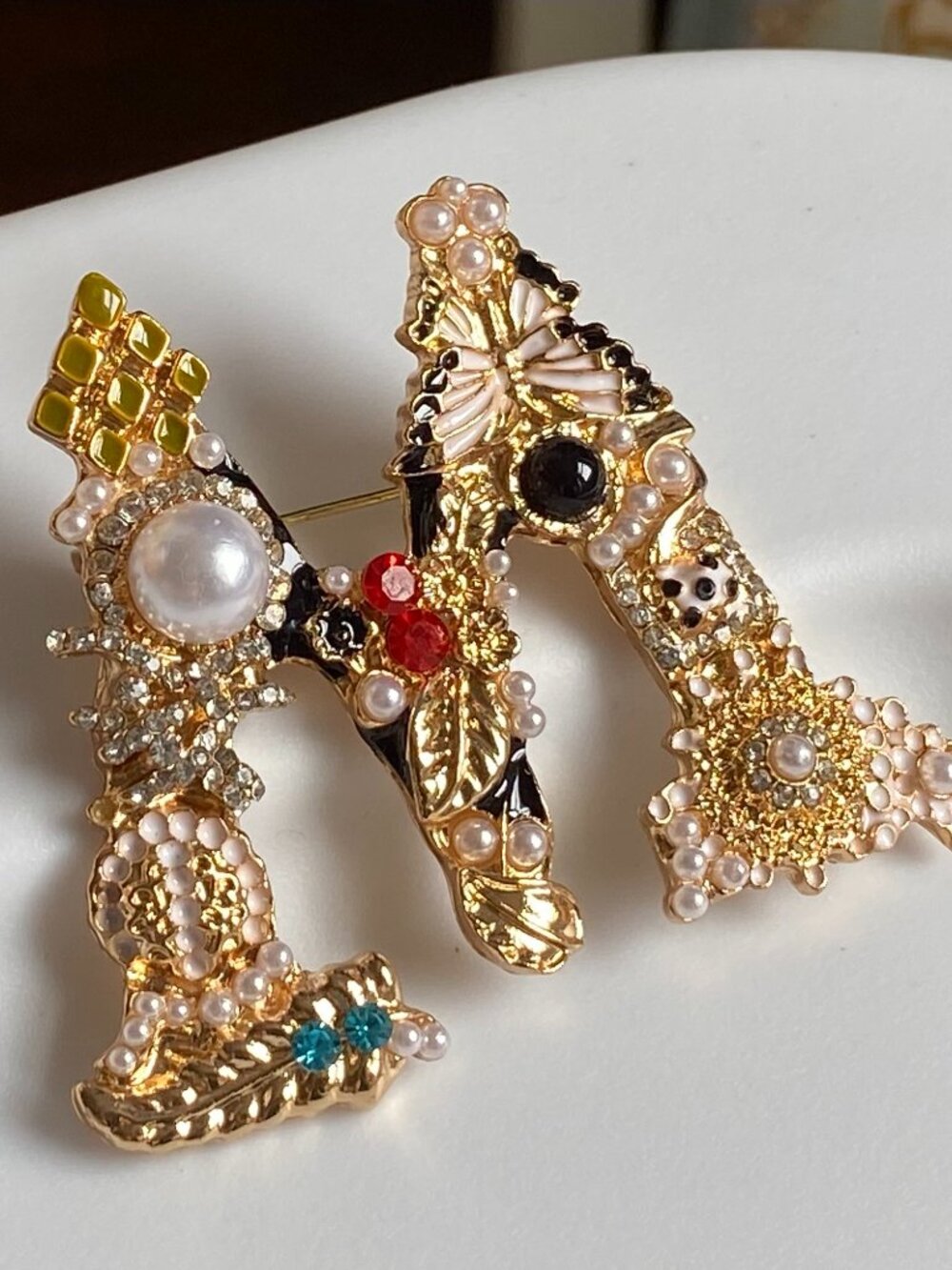 vintage brooch gold letter M / W pearls rhinestones flowers butterfly maximalist